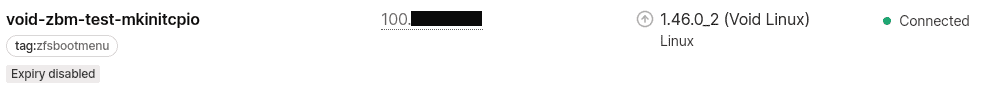 Tailscale admin console machine entry for 'void-zbm-test-mkinitcpio' with the tag 'zfsbootmenu' and expiry disabled