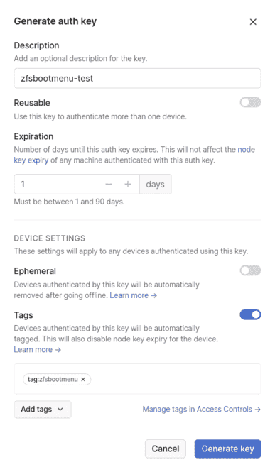 Tailscale auth key generation dialog, with settings shown as described