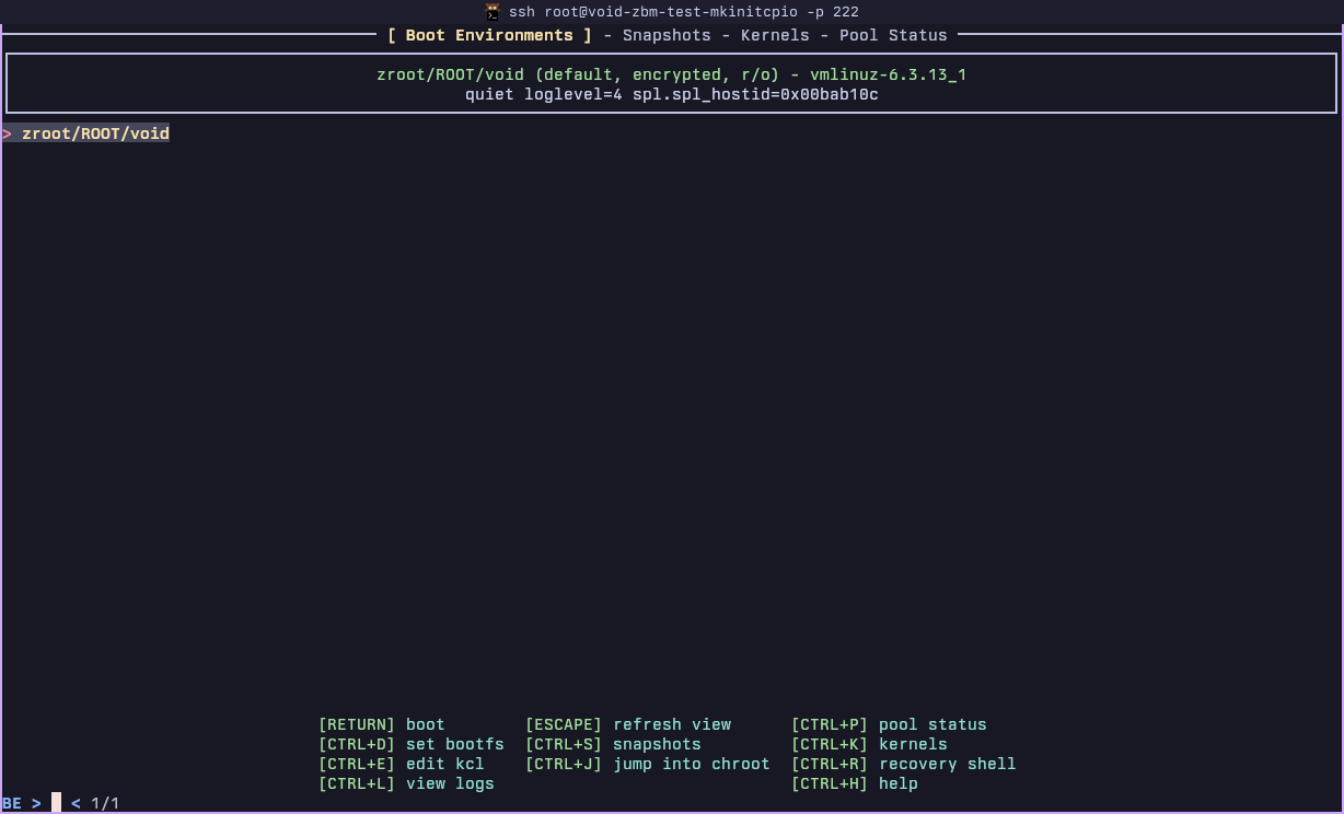 terminal window SSH'd into a test VM over tailscale, showing the ZFSBootMenu interface